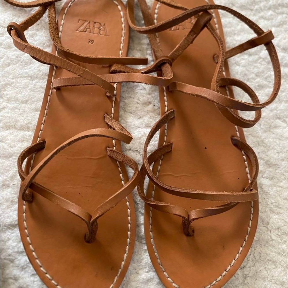 Zara Brown Leather Strappy Lace-Up Sandals